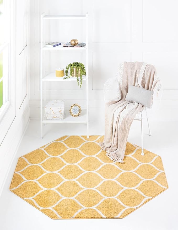 Rugs.com Lattice Frieze Collection Rug – 5' Octagon Yellow Medium Rug Perfect for Living Rooms, Kitchens, Entryways