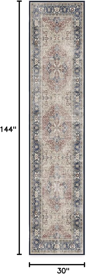 RUGGABLE Washable Vintage Runner Rug – Kamran Royal Blue 2.5x12, Stain-Resistant, Non-Slip Hallway Runner – Machine Washable Rug for Hallway, Entryway, Living Room & Kitchen–with Standard Pad