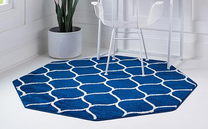 Rugs.com Lattice Frieze Collection Rug – 7' 10 Octagon Navy Blue Medium Rug Perfect for Living Rooms, Kitchens, Entryways