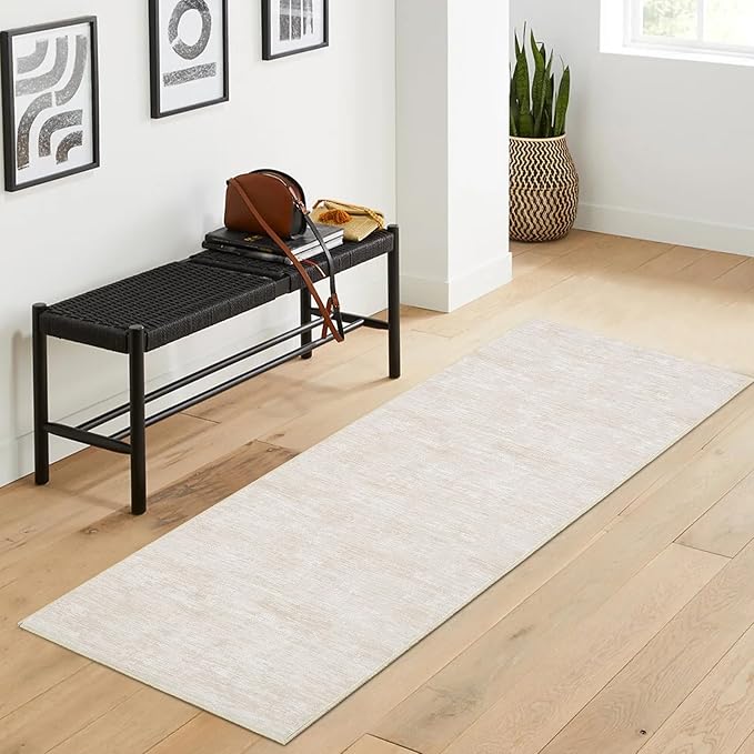 RUGSREAL Hallway Runner Rug 2.5x10 Long Kitchen Rug with Rubber Backing Low Pile Stain Resistant Entryway Carpet Washable Modern Solid Color Runner for Living Room Bedroom, Beige