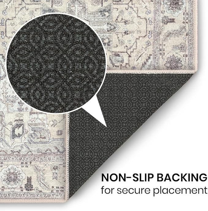 GLN Rugs Traditional Collection - Machine Washable Area Rug, Traditional Washable, Non Slip, Low Pile Chenille Rug, Living Room, Bedroom, Kitchen Rug (4' x 6' Cream/Gray)