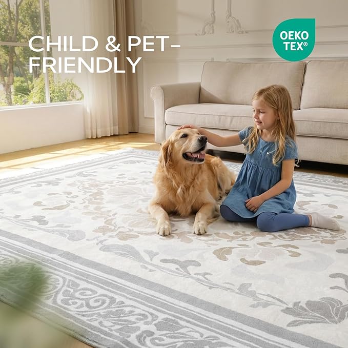 SOULFUL Medium Pile 8x10 Rugs for Living Room - Soft Foot Feel Large Area Rug - Light Taupe Boho Floral - Washable Non-Slip - Perfect for Bedroom Kids Room Under Dining Table Office