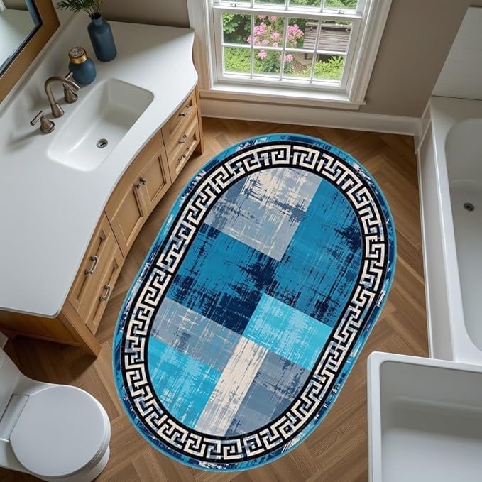 Blue Grey Black Greek Key Pattern Bordered Design Large Carpet for Living Room Bedroom Dining Room Soft Non Slip Low Pile Area Rug 4x6 Farmhouse Doormats Vintage Distressed Home Office Oval Rugs