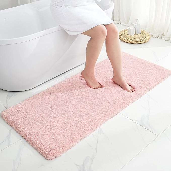 Bathroom Runner Rug 24x59 Pink Non Slip Fluffy Long Bath Mat for Bathroom Floor Washable Plush Luxury Bath Rug for Tub Absorbent Shower Sink Mat Bedside Rug