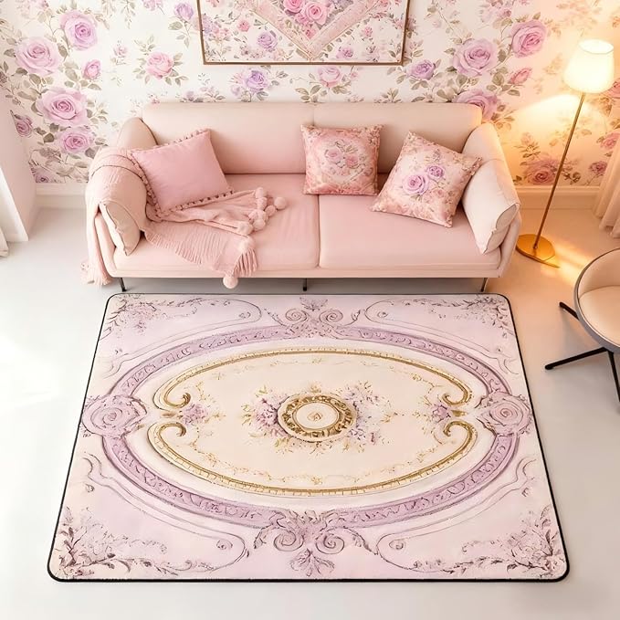 Light Pink 3 x 5 Area Rug Antique Decor Boho Floral Rugs for Living Room | Bohemian Flowers Washable Rug, Minimalist Damask Victorian Carpet Indoor Floor Mat