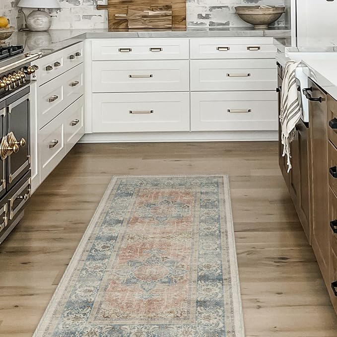 RUGGABLE Washable Vintage Runner Rug – Sarrah Coral 2.5x10, Stain-Resistant, Non-Slip Hallway Runner – Machine Washable Rug for Hallway, Entryway, Living Room & Kitchen–with Standard Pad