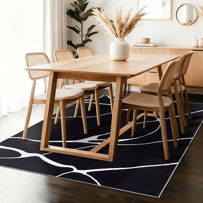 YIHOUSE Modern Washable Area Rug for Living Room Bedroom - Large Abstract Black and White Rug Non-Slip Ultra-Thin Home Decor (Dark Warping, 5'x7'ft)