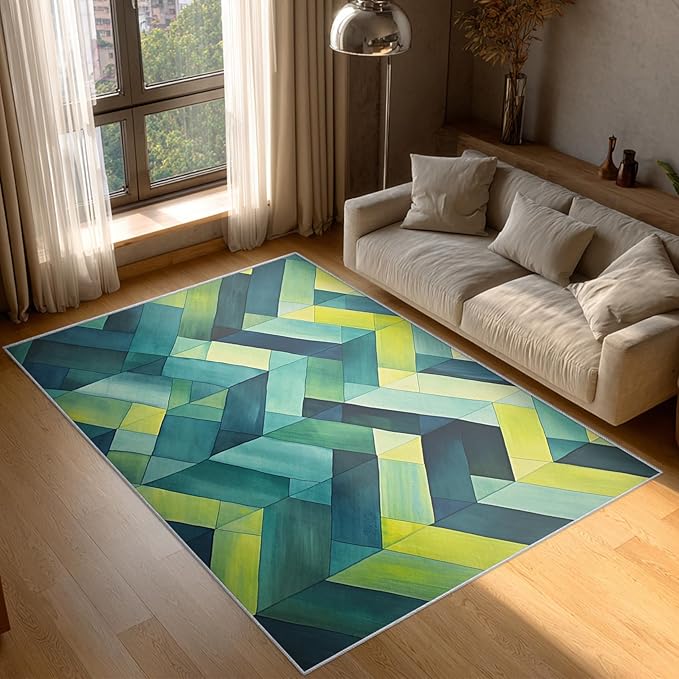 3x5 Geometric Zigzag Rugs for Bedroom Decor, Washable Green Chevron Pattern Area Rug, Living Room Home Decoration, Non Slip Soft Thin, Modern Abstract Geometry Decor Carpet PF-P 49