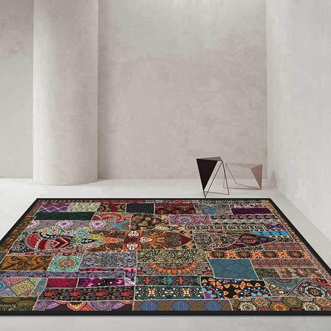 Vintage Boho Area Rugs Multicolor Ethnic Style Geometric Splicing Carpets Bedroom Living Room Kitchen Floor Mats Indoor Outdoor Non-Shedding Runner Rug Home Décor Carpet 2' X 3'
