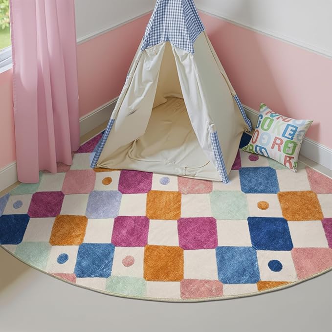 jinchan Macy Kids Rug for Nursery 5ft Radius Corner Washable Area Rug Modern Colorful Quarter Circle Rug Soft Non-Slip Carpet for Bedroom Playroom Daycare Reading Nook Classroom Berries on Cream