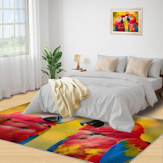 Parrot Rugs for Bedroom - 4x5 Area Rug - Cute Parrot Rugs for Living Room, Colorful 3D Animal Rug, Non-Slip Washable Home Decor Carpet