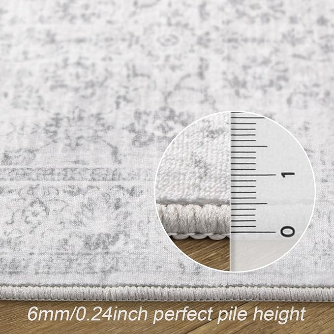 LIVEBOX Washable Area Rug 8x10 - Large Boho Living Room Rug Vintage Grey Rugs for Bedroom, Non-Slip Retro Floral Carpet Print Distressed Accent Rugs for Dining Room Home Office