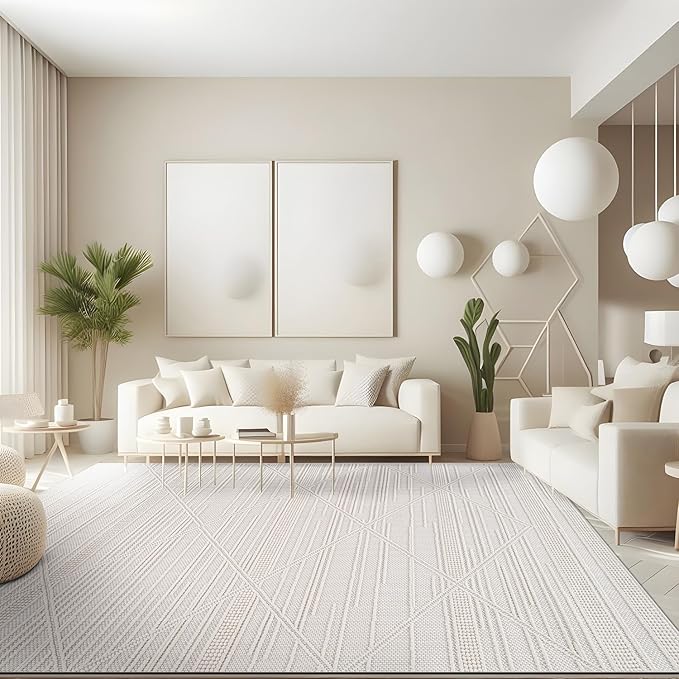 CAMILSON Micro Loop Rug 10x14 Modern Luxury Geometric Pattern Large Area Rugs Soft High and Low Pile Stain Resistant Easy-Cleaning Non-Shedding for Living Room Office Indoor Carpet (10 x 14 / White)