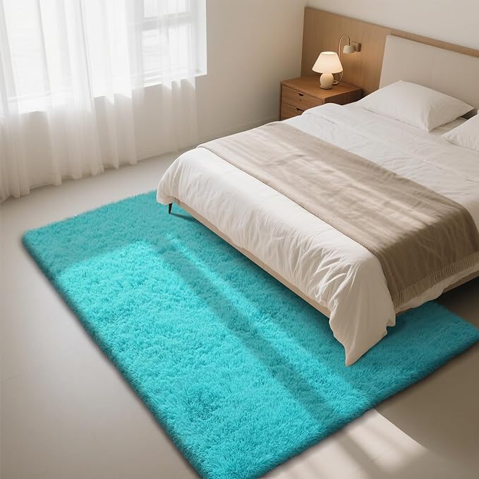 Teal Blue Rug Fluffy Rugs, 4x6 Teal Area Rugs for Bedroom, Soft Cute Baby Play Mat, Indoor Floor Carpet for Teen, Nursery, Preppy Dorm, Plush Aesthetic Bedside Rug