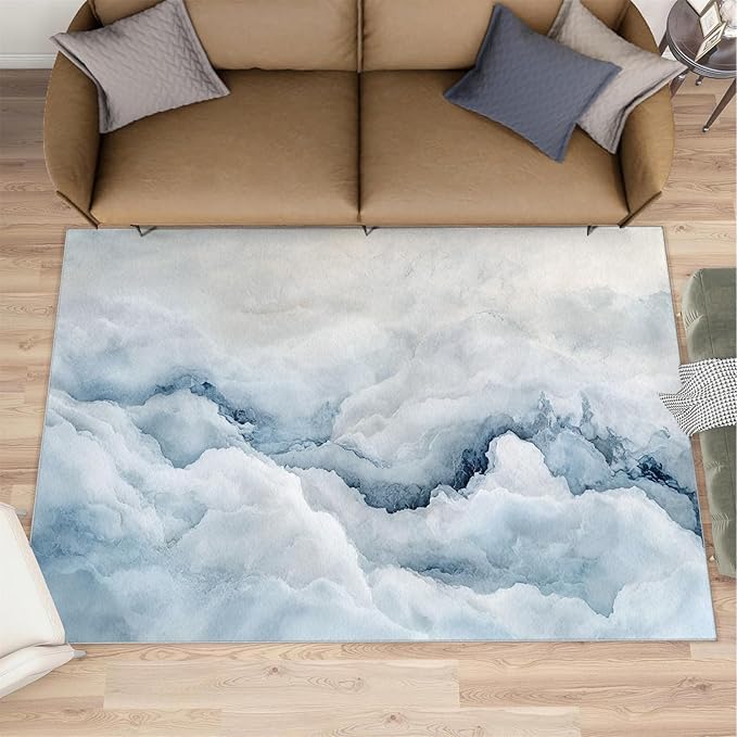 Modern Simple Art Rugs for Bedroom - 3x4 Area Rug - 3D Cloud Marble Rugs for Living Room, Abstract Mist Marble Rug, Washable Home Decor Carpet