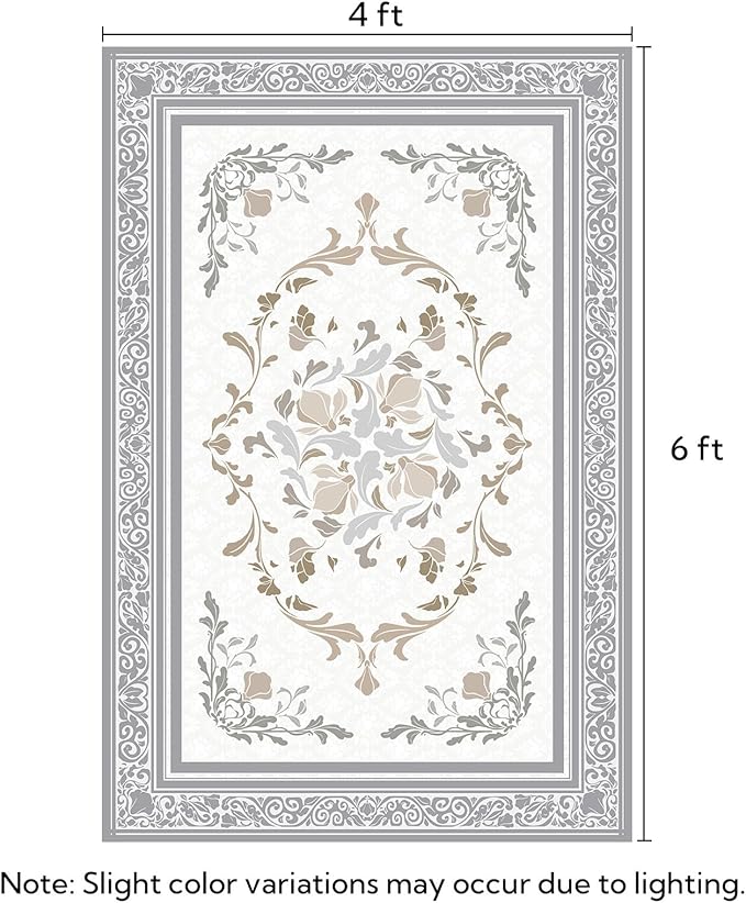 SOULFUL Medium Pile 4x6 Rugs for Living Room - Cozy Soft Underfoot Area Rug - Light Taupe Boho Floral - Washable Non-Slip - Perfect for Bedroom Kids Room Under Dining Table Office