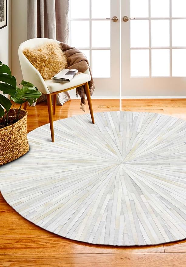 Faux Cowhide Round Area Rug | Non-Slip Leather Floor Carpet for Living Room, Bedroom, and Home Décor | Modern Stylish Accent Rug(White_5x5)