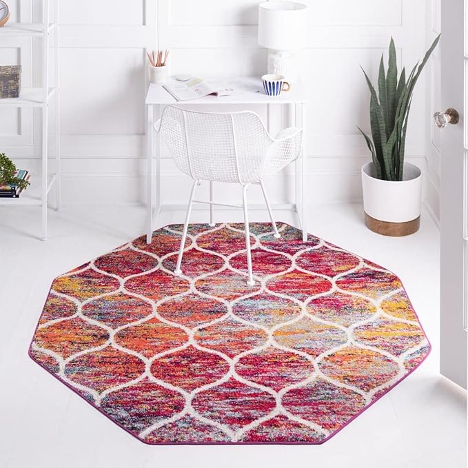 Rugs.com Lattice Frieze Collection Rug – 6' Octagon Multi Medium Rug Perfect for Living Rooms, Kitchens, Entryways