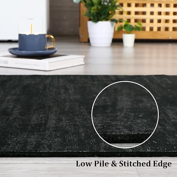 RUGSREAL Solid Kitchen Runner Rug, 2x8, Black, Contemporary, Machine Washable, Modern