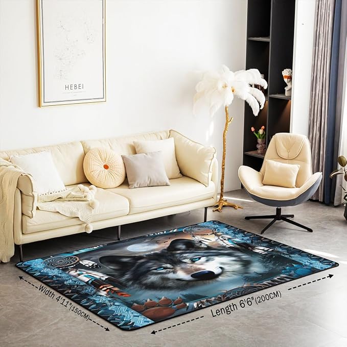 Western Wolf Large Area Rug 5x7 Bohemian Dream Catchers Living Room Rug | Woodland Animals Rugs for Bedroom, Dreamcatcher Wildlife Carpet Indoor Floor Mat