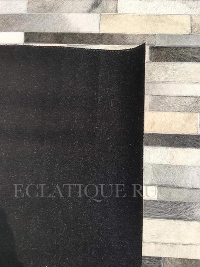 Cowhide Leather Rug for Living Room 5x8, Modern Stripes Style Floor Carpet, Dark Grey Area Rug for Home Decor