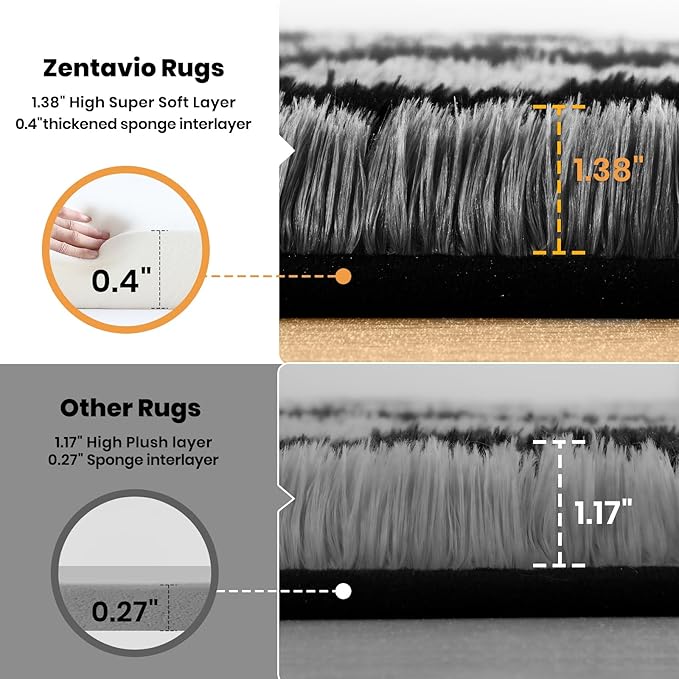Zentavio Area Rugs for Living Room Large Rugs for Bedroom 5x8 Carpet Fluffy Fuzzy Soft Shag Aesthetic Plush High Pile Gray Throw Rug for Nursery Kids Room Dorm Horizontal Stripes Black Grey