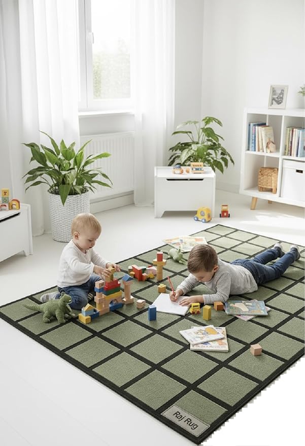 Handmade Wool Area Rug & Runner | Modern Grid Pattern Carpet for Living Room, Bedroom, Hallway & Home Décor | Multiple