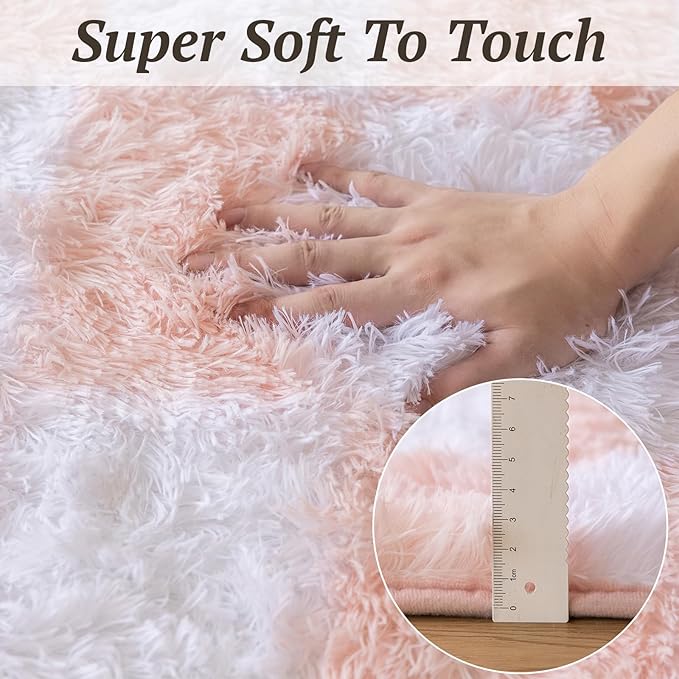 8x10 Area Rugs for Living Room Bedroom, Soft Fluffy Shaggy Bedside Rug, Indoor Floor Carpet for Kids Playroom, Dorms, Nursery Rooms, Home Decor (Pink & White 8'x10')