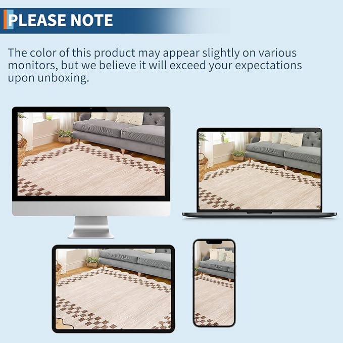 GarveeHome 10x13 Area Rug Large Living Room Scalloped Rug Non Slip Low Pile Bedroom Throw Carpet Soft Modern Bordered Dining Room Rug Stain Resistant Boho Carpet for Home Office, Beige