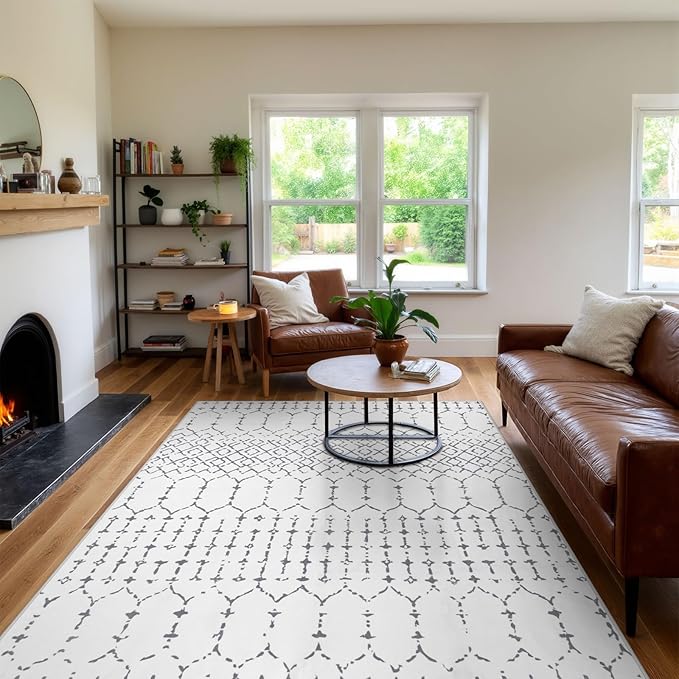 Lahome Moroccan 9x12 Washable Area Rug - Non-Slip Washable Ultra-Thin Soft Large Rug for Living Room, Modern Geometric Print Stain Resistant Carpet for Bedroom Dining Room, White
