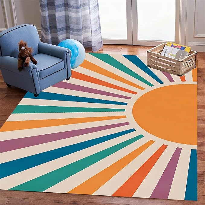 Rainbow Sun Area Rug,4x6ft,Colorful Boho Style Rug, Non-Slip Machine Washable Easy Care Carpet for Kids Girls Boys Bedroom, Living Room, Classroom, Office Decor