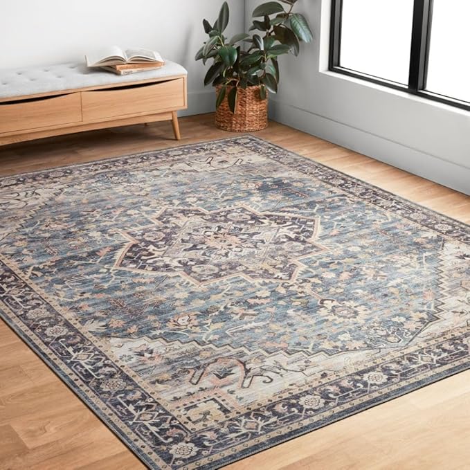 Loloi Hathaway Collection HTH-01 Navy/Multi 2'-6" x 7'-6", .25" Thick Runner Rug, Soft, Durable, Printed, Modern, Low Pile, Non-Shedding, Easy Clean, Living Room Rug