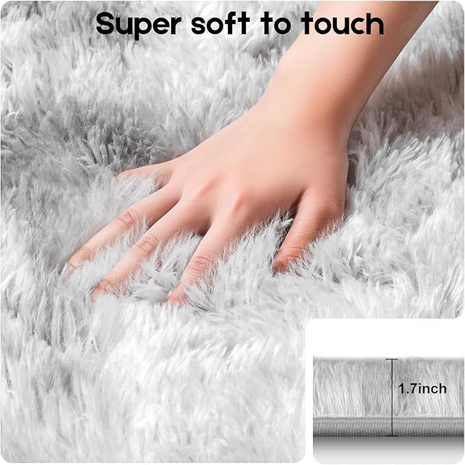 2x3 Tie-Dyed Grey Rugs for Bedroom Living Room, Fluffy Small Area Rug Soft Shag Carpet for Kids Boys and Girls Room with 4 Rugs Non-Slip Stickers Dorm Home Decor (2ft x 3ft)