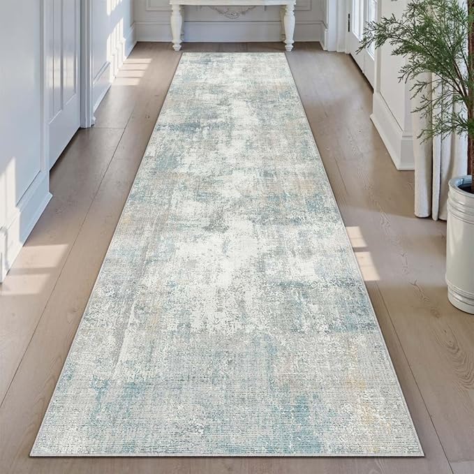 2x7 Washable Runner Rug Blue Cream Abstract Hallway Kitchen Throw Rug Neutral Modern Non Slip Soft Low Pile Lightweight Carpet for Bathroom Laundry Bedroom Living Room