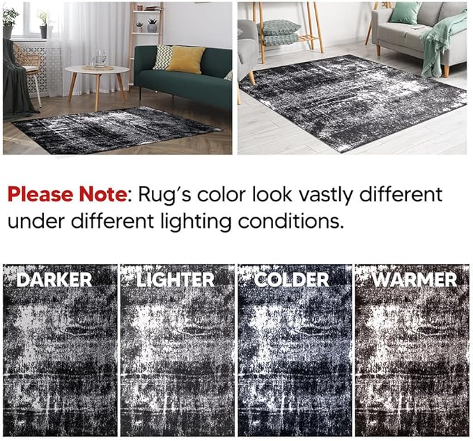 Keen Home Design Area Rugs - 5ft Round Non-Shedding, Abstract Rugs for Kitchen, Living Room, Bedroom, Dining Room, Entryway - Size: 5'3" Square, Abstract Black