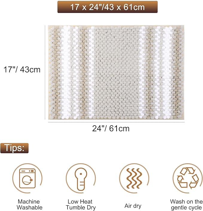 PiccoCasa Chenille Bathroom Rug, Soft Fluffy Absorbent Bath Mat, Medium Pile Striped Carpet Washable Non Slip Bathroom Floor Mats(17"x24",Khaki & White)