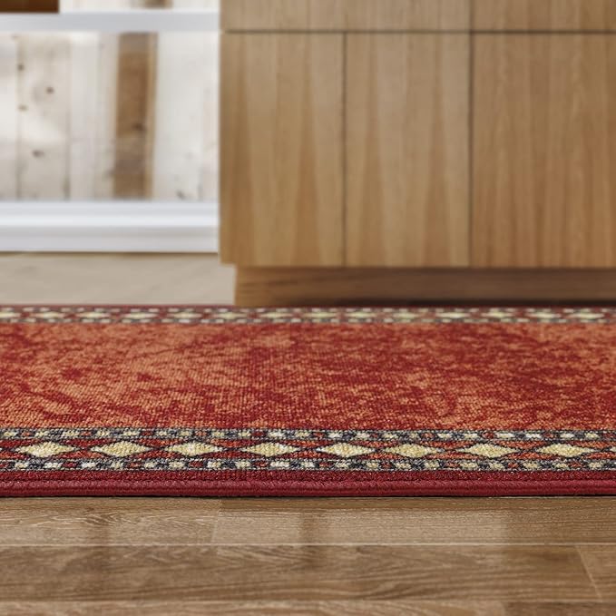 Antep Rugs Alfombras Modern Bordered 2x10 Non-Skid (Non-Slip) Low Profile Pile Rubber Backing Indoor Area Runner Rugs (Maroon Beige, 2' x 10')