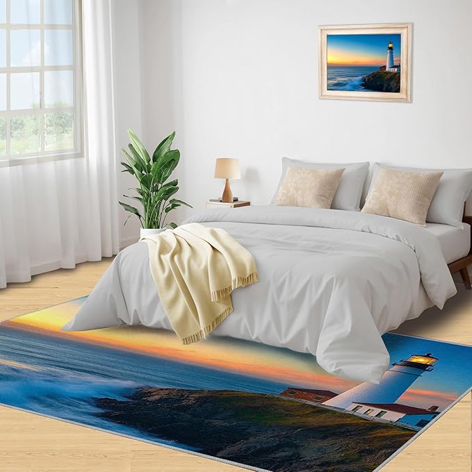 Coastal Rugs for Bedroom - 5x7 Area Rug - Ocean Lighthouse Rugs for Living Room, Sunset Ocean Scenery Rug, Non-Slip Washable Home Decor Carpet
