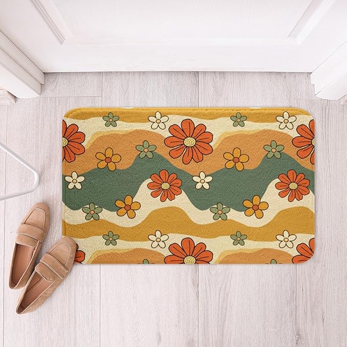 Erosebridal Girls Groovy Party Decorations Bath Rugs for Kids Teens Boho Hippie Flower Bathroom Mats for Women Cute Rainbow Striped Bath Carpets 20x32 Minimalism Abstract Art Floor Mats