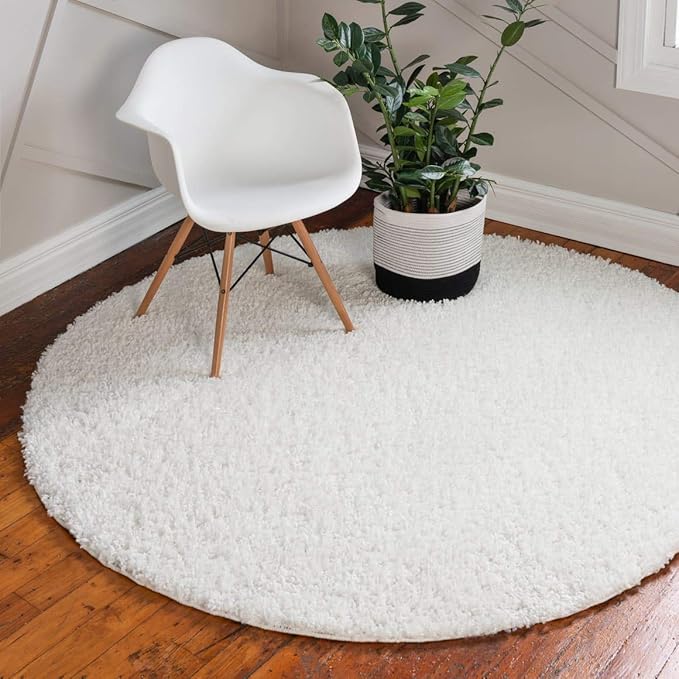 Unique Loom Davos Shag Collection Area Rug - Solid (6' 7" Round, White/ Ivory)