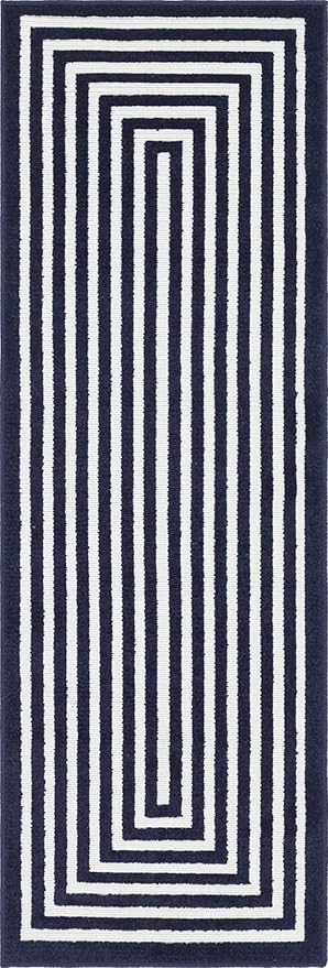 Unique Loom Sabrina Soto Outdoor Collection Geometric, Modern, Vibrant, Carved Area Rug (2' 0 x 6' 0 Runner, Navy Blue/ Ivory)