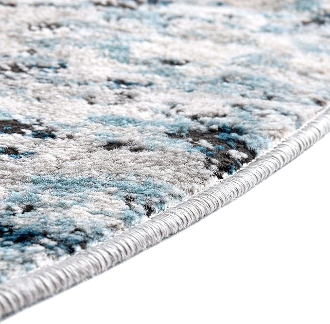 Rugs.com Leipzig Collection Round Rug – 7 Ft Round Blue Low-Pile Rug Perfect for Kitchens, Dining Rooms