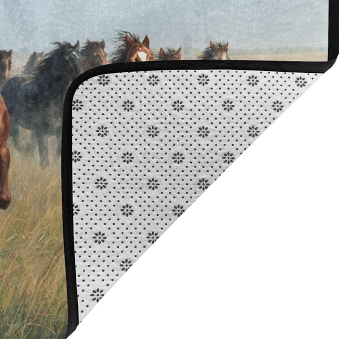 Horses Gallop Across The Grassland Area Rug Washable Outdoor Rugs Anti-Slip Soft Carpet Entryway Indoor Door Mat for Bedroom,Living Room,Porch,Terrace and Entrance Decor 5'x 4'