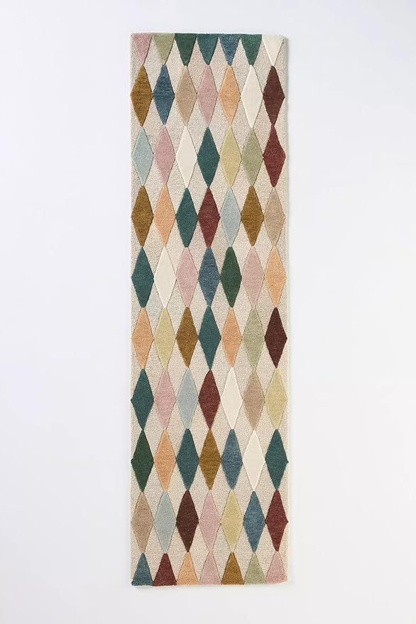 Hand-Tufted Wool Rug with Multicolor Diamond Pattern (2.5x11 Ft) - Modern Geometric Accent Rug for Living Room, Bedroom, or Office, Ivory Base