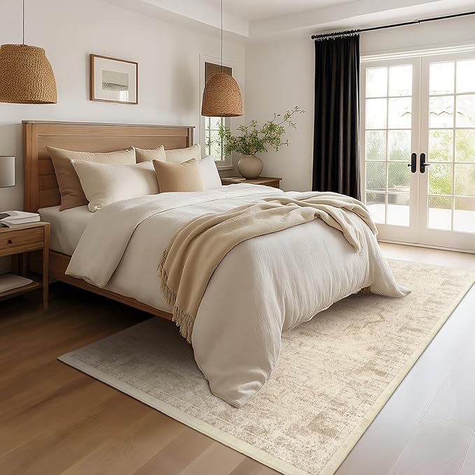 Neutral Beige Area Rugs 5x8, Non Slip Washable Rug for Living Room Bedroom, Medallion Distressed Printed Low Pile Thin Carpet Rugs for Dining Room/Kitchen/Home Office