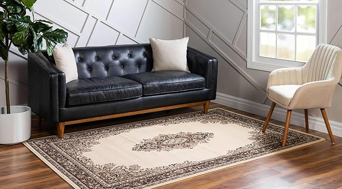 Unique Loom Reza Collection Traditional Persian Style Area Rug, 6 x 9 ft, Ivory/Brown