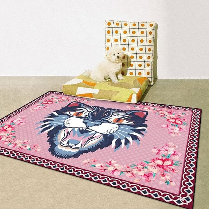Cartoon Animal Pattern Area Rug Cute Cat Luxury Floral Decor for Carpet Farmhouse Bedroom Living Room Rugs Bathroom Kitchen Runner Mat Indoor Outdoor Non Slip Doormat 5' X 6.5'