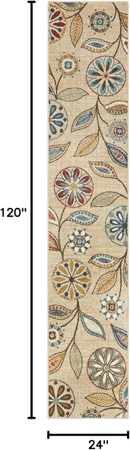 Maples Rugs Reggie Floral Runner Rug - Made in USA - Washable, Non Slip Indoor Carpet for Kitchen, Hallway, and Laundry Room, 2' x 10', Beige