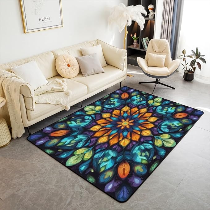 Vintage Mandala 3x5 Area Rug Bohemian Style Watercolor Flower Rugs for Living Room | Boho Floral Washable Rug, Antique Decor Victorian Damask Carpet Indoor Floor Mat