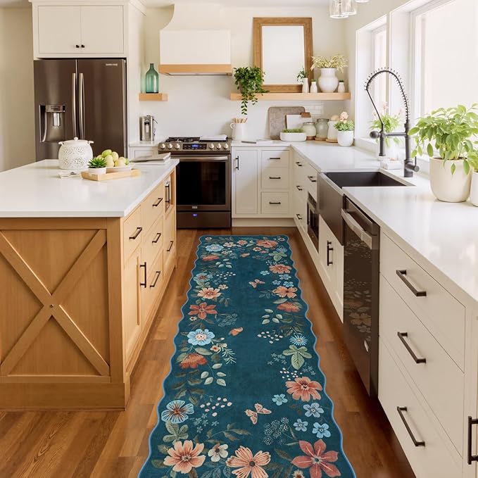 Lahome Floral Washable Runner Rug, 2'6''x8' Soft Hallway Runner Rug Non Slip, Boho Ultra-Thin Kitchen Runners for Hallways with Rubber Backing Carpet for Laundry Bedroom Bathroom(Navy Blue)